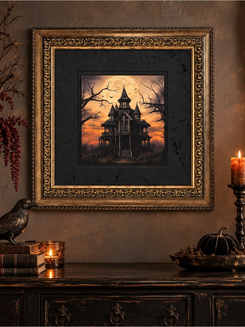 Framed Haunted House Textured Double Mat Wall Canvas Art 19” square